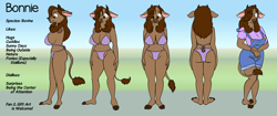 Size: 13712x5774 | Tagged: safe, artist:arrjaysketch, oc, oc only, oc:bonnie (arrjaysketch), bovid, cattle, cow, mammal, anthro, unguligrade anthro, 2022, absolute cleavage, absurd resolution, amber eyes, big breasts, bikini, blushing, breasts, brown body, brown fur, brown hair, cleavage, clothes, cloven hooves, ears, female, fur, hair, hooves, horns, overalls, reference sheet, shirt, solo, solo female, standing, swimsuit, t-shirt, tail, tail tuft, text, topwear