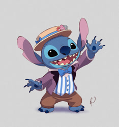 Size: 600x642 | Tagged: safe, artist:rain1940, stitch (lilo & stitch), alien, experiment (lilo & stitch), fictional species, anthro, disney, lilo & stitch, 2022, 2d, 4 fingers, barefoot, black eyes, blue body, blue claws, blue fur, blue nose, blue paw pads, bottomwear, bow, bow tie, brown pants, claws, clothes, ears, finger claws, fur, gray background, jacket, looking at you, open mouth, open smile, pants, paw pads, pork pie hat, raised arm, signature, simple background, smiling, smiling at you, solo, standing, toe claws, toes, topwear, torn ear, waving, waving at you