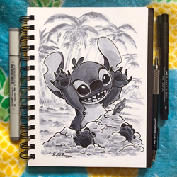 Size: 1000x1000 | Tagged: safe, artist:tsaoshin, stitch (lilo & stitch), alien, experiment (lilo & stitch), fictional species, disney, lilo & stitch, 2019, 4 fingers, 4 toes, ears, finger claws, fluff, fur, happy, head fluff, inktober, irl, leaf, open mouth, open smile, palm tree, photo, photographed artwork, plant, raised arms, sand, smiling, solo, torn ear, traditional art, tree