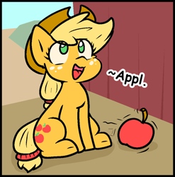 Size: 900x911 | Tagged: safe, artist:zutcha, applejack (mlp), earth pony, equine, fictional species, mammal, pony, feral, friendship is magic, hasbro, my little pony, 2022, apple, barn, clothes, cowboy hat, female, food, freckles, fruit, hat, headwear, mare, misspelling, no pupils, open mouth, open smile, sitting, smiling, solo, solo female, stetson