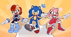 Size: 1024x546 | Tagged: safe, artist:just_marcyart, amy rose (sonic), princess sally acorn (sonic), sonic the hedgehog (sonic), chipmunk, hedgehog, mammal, rodent, anthro, archie sonic the hedgehog, sega, sonic the hedgehog (series), female, group, holding, holding hands, male, trio