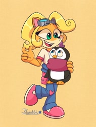 Size: 1021x1342 | Tagged: safe, artist:bandibluart, coco bandicoot (crash bandicoot), penta penguin (crash bandicoot), bandicoot, bird, mammal, marsupial, penguin, crash bandicoot (series), duo, duo female, female, females only