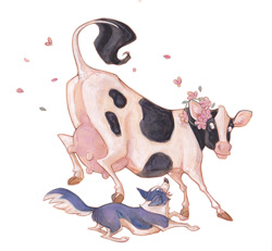 Size: 700x646 | Tagged: safe, artist:daisy7, border collie, bovid, canine, cattle, collie, cow, dog, mammal, feral, 2022, 2d, ambiguous gender, duo, female, flower, looking at each other, plant, simple background, udders, white background