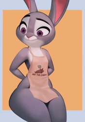 Size: 1431x2048 | Tagged: safe, artist:qupostuv35, judy hopps (zootopia), lagomorph, mammal, rabbit, anthro, disney, zootopia, 2022, apron, border, breasts, clothes, digital art, ears, english text, female, fur, gray body, gray fur, long ears, multicolored fur, purple eyes, simple background, sitting, small breasts, solo, solo female, tan background, text, two toned body, two toned fur, white body, white fur, wide hips