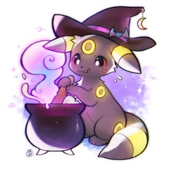Size: 1060x1060 | Tagged: safe, artist:foxlett, bat, eeveelution, fictional species, mammal, umbreon, feral, nintendo, pokémon, ambiguous gender, black body, black fur, cauldron, clothes, fur, glowing, glowing fur, halloween, hat, headwear, holiday, magic, moon, multicolored fur, red eyes, solo, tongue, tongue out, witch, witch hat, yellow body, yellow fur