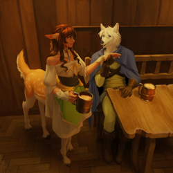 Size: 1000x1000 | Tagged: safe, artist:kirena-kaya, canine, cervid, deer, human, mammal, wolf, anthro, taur, alcohol, bar, beer, cloven hooves, drink, female, hand hold, holding, hooves, male, table, tail