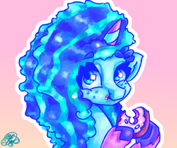 Size: 3000x2500 | Tagged: safe, artist:mannybcadavera, misty (mlp g5), equine, fictional species, mammal, pony, unicorn, hasbro, my little pony, my little pony g5, spoiler:my little pony g5, bust, doughnut, eating, female, food, gradient background, holding, hoof hold, hooves, looking at you, mare, outline, solo, solo female, white outline