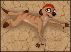 Size: 900x658 | Tagged: safe, artist:velvet-loz, timon (the lion king), mammal, meerkat, mongoose, feral, disney, the lion king, 2009, 2d, description in the comments, letterboxing, looking at you, male, open mouth, solo, solo male