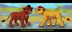 Size: 1336x598 | Tagged: safe, artist:velvet-loz, kion (the lion guard), kovu (the lion king), big cat, feline, lion, mammal, feral, disney, the lion guard, the lion king, 2d, angry, cub, dialogue, duo, duo male, letterboxing, looking at each other, male, males only, talking, young