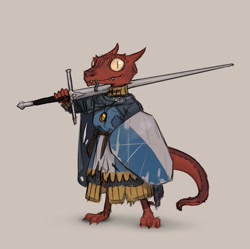 Size: 1233x1230 | Tagged: safe, artist:madeleinefjall, fictional species, kobold, reptile, anthro, armor, horns, male, shield, solo, solo male, sword, tail, weapon