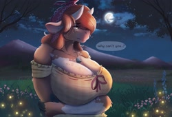 Size: 4096x2793 | Tagged: safe, artist:ardail, marion (changeling tale), bovid, cattle, cow, mammal, anthro, changeling tale, 2022, angry, bottomwear, breasts, cleavage, clothes, crying, dress, female, full moon, horns, huge breasts, moon, night, solo, solo female