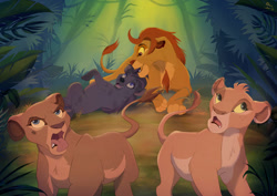 Size: 1063x752 | Tagged: safe, artist:littlepolka, jasiri (the lion guard), kion (the lion guard), tiifu (the lion guard), zuri (the lion guard), big cat, feline, hyena, lion, mammal, feral, disney, the lion guard, the lion king, 2d, disgusted, female, group, lioness, male, male/female, older, teenager, tongue, tongue out