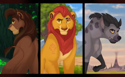 Size: 1134x705 | Tagged: safe, artist:specky-arts, janja (the lion guard), kion (the lion guard), kovu (the lion king), big cat, feline, hyena, lion, mammal, feral, disney, the lion guard, the lion king, 2d, eye scar, letterboxing, male, males only, older, scar, trio, trio male