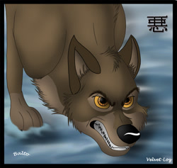 Size: 630x596 | Tagged: safe, artist:velvet-loz, balto (balto), canine, dog, hybrid, mammal, wolf, wolfdog, feral, balto (series), 2d, angry, growling, letterboxing, male, solo, solo male