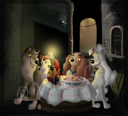 Size: 800x725 | Tagged: safe, artist:velvet-loz, balto (balto), jenna (balto), lady (lady and the tramp), tramp (lady and the tramp), canine, cocker spaniel, dog, husky, hybrid, mammal, spaniel, wolf, wolfdog, feral, balto (series), disney, lady and the tramp, universal pictures, 2d, female, food, group, male, male/female, schnauzer, spaghetti