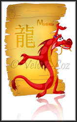 Size: 570x900 | Tagged: safe, artist:velvet-loz, mushu (mulan), dragon, eastern dragon, fictional species, semi-anthro, disney, mulan, 2008, 2d, chinese text, male, scroll, simple background, solo, solo male, white background