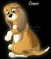 Size: 782x900 | Tagged: safe, artist:velvet-loz, copper (the fox and the hound), bloodhound, canine, dog, mammal, feral, disney, the fox and the hound, 2008, 2d, black background, cute, looking at you, male, puppy, simple background, solo, solo male, young