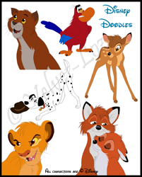 Size: 965x1200 | Tagged: safe, artist:velvet-loz, bambi (bambi), iago (aladdin), pongo (101 dalmatians), simba (the lion king), thomas o'malley (the aristocats), tod (the fox and the hound), vixey (the fox and the hound), big cat, bird, canine, cat, cervid, dalmatian, deer, dog, feline, fox, lion, mammal, parrot, red fox, feral, 101 dalmatians, aladdin (disney franchise), bambi (film), disney, the aristocats, the fox and the hound, the lion king, 2009, 2d, cub, fawn, female, group, letterboxing, male, male/female, shipping, ungulate, vixen, vixeytod (the fox and the hound), young