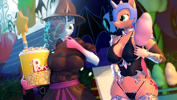 Size: 3840x2160 | Tagged: suggestive, artist:silkworm205, misty (mlp g5), nightmare moon (mlp), sunny starscout (mlp), earth pony, equine, fictional species, mammal, pony, unicorn, anthro, series:silkworm205's weekly artwork 2022, friendship is magic, hasbro, my little pony, my little pony g5, spoiler:my little pony g5, 16:9, 2022, 3d, 4k, absolute cleavage, anthrofied, armor, big breasts, big butt, bikini, bikini bottom, bikini top, both cutie marks, bottomwear, bra, bracer, breasts, bucket, butt, carnival, cleavage, clothes, colored eyebrows, cosplay, costume, cotton candy, cutie mark, detached sleeves, digital art, dress, duo, duo female, eating, eyelashes, fake horn, female, females only, film grain, food, freckles, full moon, gauntlets, hand on hip, hat, headwear, helmet, high res, holding, horn, jewelry, legwear, looking at someone, looking at something, mare, midriff, mlp fim's twelfth anniversary, moon, multicolored mane, necklace, night, nightmare moon armor, nightmare night, nightmare sunny, outdoors, panties, popcorn, revamped anthros, revamped ponies, revealing clothing, see-through, sexy, shoulder pads, smiling, socks, source filmmaker, swimsuit, thigh highs, unconvincing armor, underwear, wand, wide hips, witch hat