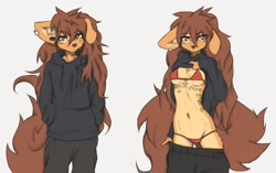 Size: 3514x2208 | Tagged: suggestive, artist:tinygaypirate, oc, oc:apogee (tinygaypirate), canine, dog, mammal, belly button, body writing, bra, breasts, brown body, brown eyes, brown fur, brown hair, clothes, ear piercing, eyebrow piercing, female, fur, hair, hoodie, multicolored fur, panties, pants, pants pulled down, piercing, shirt, shirt lift, simple background, solo, solo female, sweatpants, thong, topwear, two toned body, two toned fur, underwear, white background