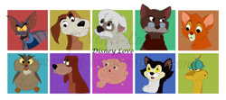 Size: 1000x444 | Tagged: safe, artist:velvet-loz, fidget (the great mouse detective), figaro (pinocchio), gurgi (the black cauldron), oliver (oliver & company), sir hiss (robin hood), toughy (lady and the tramp), bat, bird, bird of prey, bloodhound, canine, cat, dog, feline, mammal, owl, reptile, snake, anthro, feral, cinderella (disney), disney, lady and the tramp, oliver & company, pinocchio (disney), robin hood (disney), the black cauldron, the great mouse detective, the rescuers, the sword in the stone (1963), treasure planet, 2011, 2d, archimedes (the sword in the stone), bruno (cinderella), group, kitten, large group, male, males only, morph (treasure planet), rufus (the rescuers), young