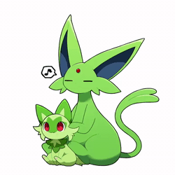 Size: 720x720 | Tagged: safe, artist:tontaro, eeveelution, espeon, fictional species, mammal, shiny pokémon, sprigatito, feral, nintendo, pokémon, spoiler:pokémon gen 9, spoiler:pokémon scarlet and violet, 2022, 2d, 2d animation, ambiguous gender, ambiguous only, animated, black nose, cheek fluff, digital art, duo, duo ambiguous, ears, eyes closed, fluff, fur, musical note, neck fluff, no sound, paws, simple background, sitting, starter pokémon, tail, thighs, webm, white background