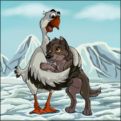Size: 894x894 | Tagged: safe, artist:velvet-loz, balto (balto), boris (balto), bird, canine, dog, goose, hybrid, mammal, snow goose, waterfowl, wolf, wolfdog, feral, balto (series), 2d, cute, duo, duo male, hug, looking at each other, male, males only, mountain, puppy, sky, snow, young, younger