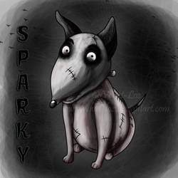 Size: 850x850 | Tagged: safe, artist:velvet-loz, canine, dog, fictional species, mammal, undead, feral, disney, 2d, black and white, frankenweenie, grayscale, looking at you, male, monochrome, solo, solo male, sparky (frankenweenie), tim burton