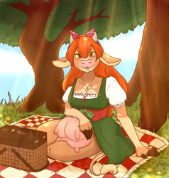 Size: 1219x1280 | Tagged: safe, artist:brightlyblue, marion (changeling tale), bovid, cattle, cow, mammal, anthro, changeling tale, 2d, bow, cute, female, hair bow, lolita, looking at you, picnic basket, picnic blanket, plant, solo, solo female, tree