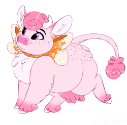 Size: 1005x994 | Tagged: safe, artist:prettypinkpony, oc, oc only, oc:cotton moo (prettypinkpony), bovid, cattle, cow, mammal, feral, 2d, cute, female, fur, hair, pink body, pink fur, pink hair, purple eyes, simple background, smiling, solo, solo female, udders, ungulate, white background