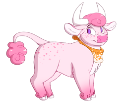 Size: 912x777 | Tagged: safe, artist:prettypinkpony, oc, oc only, oc:cotton moo (prettypinkpony), bovid, bull, cattle, mammal, feral, 2d, cute, fur, hair, looking at you, male, pink body, pink fur, pink hair, purple eyes, rule 63, simple background, smiling, smiling at you, solo, solo male, white background