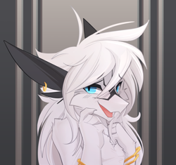Size: 1242x1169 | Tagged: safe, artist:warden006, oc, oc only, oc:irbeth (kluclew), dragon, fictional species, furred dragon, anthro, 2019, abstract background, blue eyes, bust, cute, ear piercing, earring, femboy, fur, gift art, gold, gold wristband, hair, kemono, male, open mouth, open smile, piercing, pink tongue, shy, smiling, solo, solo male, three-quarter view, tongue, white body, white fur, white hair, wristband