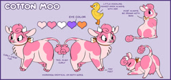 Size: 1301x614 | Tagged: safe, artist:prettypinkpony, oc, oc only, oc:cotton moo (prettypinkpony), oc:knox (prettypinkpony), bird, bovid, cattle, cow, duck, mammal, waterfowl, feral, 2d, cute, female, female focus, reference sheet, solo focus