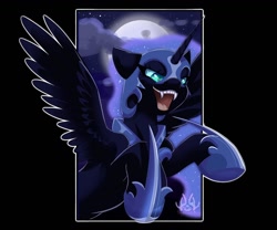 Size: 1440x1200 | Tagged: source needed, safe, artist:skyboundsiren, nightmare moon (mlp), alicorn, equine, fictional species, mammal, pony, feral, friendship is magic, hasbro, my little pony, 2022, armor, cloud, ears laid back, fangs, feathered wings, feathers, female, headwear, helmet, horn, mare, moon, night, open mouth, sharp teeth, solo, solo female, spread wings, teeth, wings