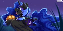 Size: 3000x1500 | Tagged: safe, artist:shadowreindeer, nightmare moon (mlp), princess luna (mlp), alicorn, equine, fictional species, mammal, pony, feral, friendship is magic, hasbro, my little pony, 2022, armor, butt, ethereal mane, fangs, feathered wings, feathers, female, forked tongue, high res, horn, mare, night, sharp teeth, solo, solo female, teeth, tongue, tongue out, wings