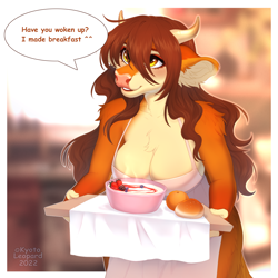 Size: 2896x2893 | Tagged: safe, artist:kyotoleopard, oc, oc only, oc:rose (kyotoleopard), bovid, cattle, cow, mammal, anthro, 2022, 2d, apron, big breasts, border, bread, breasts, cleavage, clothes, comic sans, dialogue, female, food, horns, naked apron, nudity, partial nudity, solo, solo female, talking, talking to viewer, white border, wide hips, yogurt
