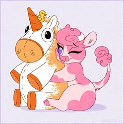 Size: 900x900 | Tagged: safe, artist:prettypinkpony, oc, oc:cotton moo (prettypinkpony), oc:knox (prettypinkpony), bird, bovid, cattle, cow, duck, equine, fictional species, mammal, unicorn, waterfowl, feral, 2d, ambiguous gender, blep, cute, duo, female, hug, one eye closed, plushie, smiling, tongue, tongue out, ungulate