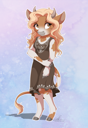Size: 900x1319 | Tagged: safe, artist:dvixie, oc, oc only, bovid, cattle, cow, mammal, anthro, unguligrade anthro, 2d, bottomwear, clothes, cute, dress, female, hooves, looking at you, smiling, smiling at you, solo, solo female