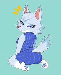 Size: 3343x4096 | Tagged: safe, artist:kabula_actn, whitney (animal crossing), canine, mammal, wolf, anthro, animal crossing, nintendo, 2022, 2d, big butt, butt, female, looking at you, looking back, looking back at you, paw pads, paws, simple background, smiling, solo, solo female, teal background