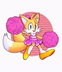 Size: 2426x2829 | Tagged: safe, artist:claus_claws, miles "tails" prower (sonic), canine, fox, mammal, red fox, anthro, sega, sonic the hedgehog (series), 2022, 2d, cheerleader, cheerleader outfit, clothes, commission, crossdressing, front view, looking at you, male, open mouth, open smile, pom pom, smiling, smiling at you, solo, solo male, three-quarter view