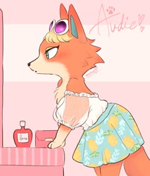 Size: 1775x2076 | Tagged: safe, artist:penpen_disney, audie (animal crossing), canine, mammal, wolf, anthro, animal crossing, animal crossing: new horizons, nintendo, 2d, bottomwear, clothes, female, mirror, perfume, puffy sleeves, skirt, solo, solo female