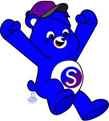Size: 1887x2085 | Tagged: safe, artist:mrstheartist, oc, oc only, oc:creative bear, bear, fictional species, mammal, semi-anthro, care bears, care bears: unlock the magic, belly badge, blue body, blue fur, bright colors, cap, care bear, fist, fur, hat, headwear, heart nose, male, open mouth, solo, solo male