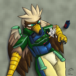 Size: 3000x3000 | Tagged: safe, artist:captainhoers, artist:gyrotech, edit, oc, oc only, oc:der, oc:serilde, bird, bird of prey, eagle, feline, fictional species, gryphon, mammal, spanish imperial eagle, feral, beak, bird feet, brown feathers, claws, color edit, eagle gryphon, feathered wings, feathers, female, fur, green eyes, micro, paws, power armor, size difference, tail, tail tuft, talons, white feathers, wings, yellow body, yellow fur