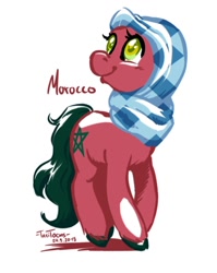 Size: 720x904 | Tagged: safe, artist:taritoons, oc, oc only, earth pony, equine, fictional species, mammal, pony, feral, hasbro, my little pony, 2015, female, hijab, mare, morocco, nation ponies, ponified, red body, solo, solo female, tail