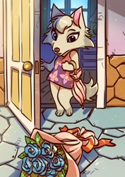 Size: 1131x1600 | Tagged: safe, artist:zummeng, whitney (animal crossing), canine, mammal, wolf, anthro, animal crossing, nintendo, 2022, 2d, bouquet, door, female, flower, plant, rose, solo, solo female, umbrella