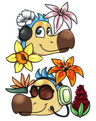 Size: 1280x1612 | Tagged: safe, artist:luckynight48, orville (animal crossing), wilbur (animal crossing), bird, dodo, ambiguous form, animal crossing, animal crossing: new horizons, nintendo, 2d, brother, brothers, bust, duo, duo male, flower, glasses, male, males only, plant, siblings, simple background, smiling, sunglasses, transparent background