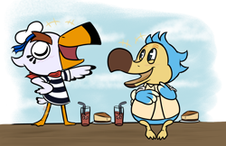 Size: 1110x720 | Tagged: safe, artist:luckynight48, gulliver (animal crossing), orville (animal crossing), bird, dodo, seagull, semi-anthro, animal crossing, animal crossing: new horizons, nintendo, 2d, cake, drink, duo, duo male, food, male, male/male, males only, partially transparent background, transparent background