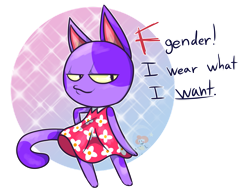 Size: 1021x783 | Tagged: safe, artist:luckynight48, bob (animal crossing), cat, feline, mammal, anthro, animal crossing, nintendo, bottomwear, clothes, crossdressing, dialogue, dress, looking at you, male, simple background, solo, solo male, talking, transparent background, vulgar