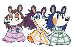 Size: 1120x713 | Tagged: safe, artist:luckynight48, labelle (animal crossing), mabel (animal crossing), sable (animal crossing), hedgehog, mammal, anthro, animal crossing, nintendo, 2d, bottomwear, clothes, dress, female, females only, siblings, simple background, sister, sisters, transparent background, trio, trio female