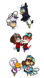 Size: 1280x2270 | Tagged: safe, artist:luckynight48, digby (animal crossing), lottie (animal crossing), pelly (animal crossing), wilbur (animal crossing), canon x oc, oc, bird, canine, corvid, crow, dodo, dog, magpie, mammal, mustelid, otter, pelican, shih tzu, songbird, anthro, animal crossing, animal crossing: new horizons, nintendo, 2d, beppe (animal crossing), blushing, female, group, male, male/female, shipping, simple background, transparent background